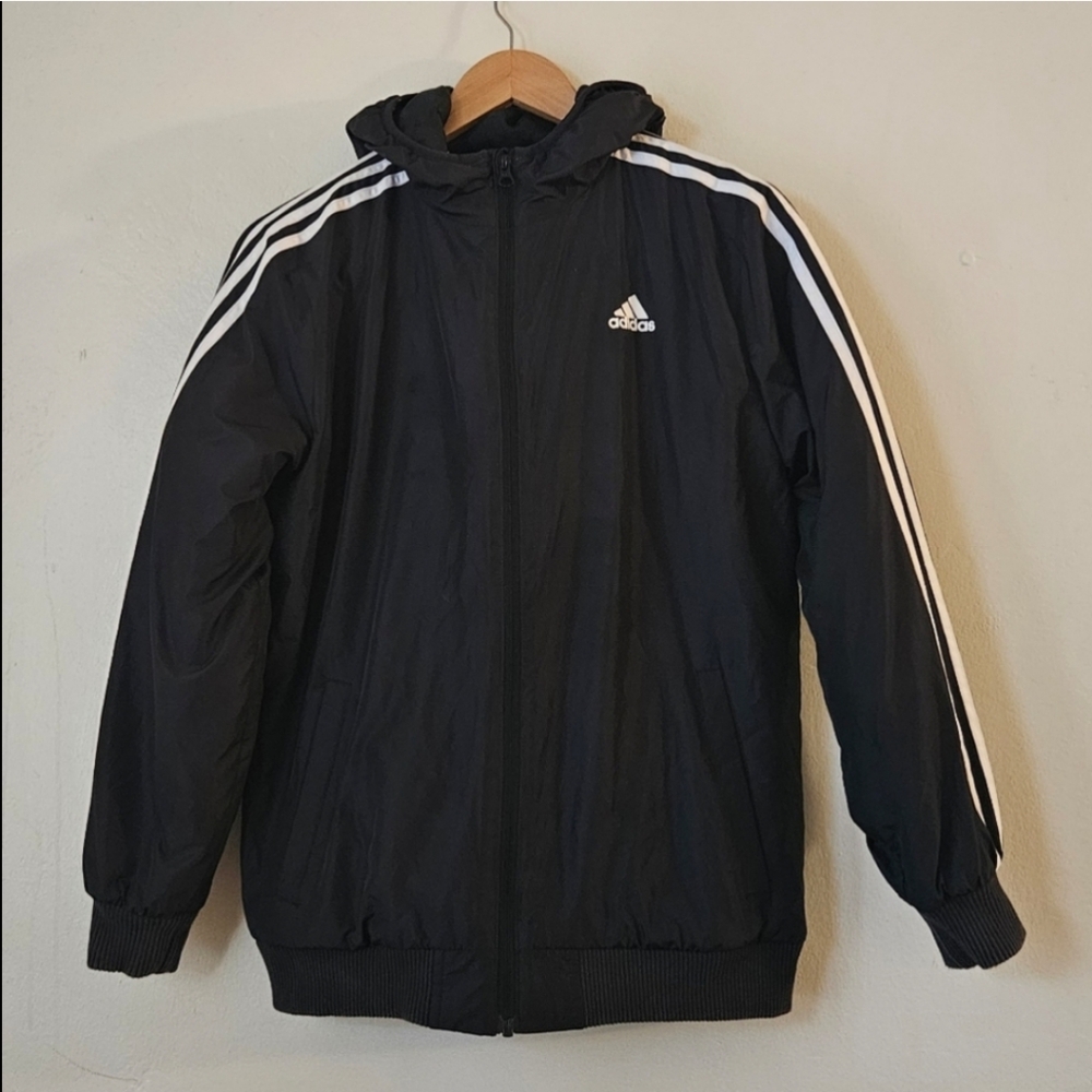 Adidas Black three stripe Tricot Lightweight Puffer Hoodie Jacket Size Large
